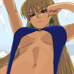 Rule 34 | 1990s (style), 1girl, 69 (tranquilo), aliasing, angry, blonde hair, blue one-piece swimsuit, breasts, cloud, earrings, from below, gundam, jewelry, katejina loos, long hair, lowres, midriff, navel, o-ring, o-ring swimsuit, one-piece swimsuit, outdoors, pov, red eyes, retro artstyle, sky, slingshot swimsuit, solo, strap gap, swimsuit, underboob, victory gundam