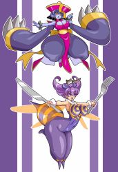 Rule 34 | 2girls, antennae, arthropod girl, bee girl, blue hair, blue skin, breasts, capcom, chinese clothes, cleavage, colored skin, great magami, hat, highres, insect girl, large breasts, lei lei, monster girl, multiple girls, pantyhose, purple eyes, purple hair, q-bee, short hair, thighs, vampire (game), wings