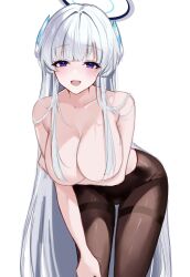 Rule 34 | 1girl, black pantyhose, blue archive, blunt bangs, blush, breasts, collarbone, cowboy shot, halo, hand on own knee, highres, large breasts, leaning forward, long hair, looking at viewer, mechanical halo, noa (blue archive), open mouth, pantyhose, sidelocks, simple background, smile, solo, standing, topless, unfinished, very long hair, white background, white hair, ya ta