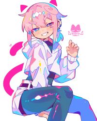 1boy absurdres animal_ears artist_logo belt black_belt black_bodysuit blue_eyes blush bodysuit cat_boy cat_ears cat_tail claw_pose cropped_hoodie ear_piercing fang heterochromia highres hood hood_down hoodie logo long_sleeves male_focus original piercing pink_eyes pink_hair ponytail raito-kun_(uenomigi) short_hair shorts sidelocks silhouette sitting smile solo tail teeth trap uenomigi white_hoodie white_shorts