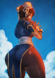 Rule 34 | 1girl, absurdres, ass, blue dress, blue sky, bracelet, brown hair, brown pantyhose, bun cover, capcom, china dress, chinese clothes, chun-li, commentary, day, double bun, dress, earrings, english commentary, from behind, hair bun, highres, huge filesize, jewelry, monori rogue, palm-fist greeting, pantyhose, pelvic curtain, puffy short sleeves, puffy sleeves, sash, short hair, short sleeves, sky, solo, spiked bracelet, spikes, street fighter, street fighter ii (series), thick thighs, thighs, wide hips
