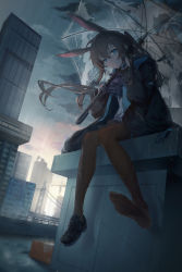 Rule 34 | 1girl, air (user hdjj2725), amiya (arknights), animal ears, arknights, black footwear, black jacket, blue eyes, blue skirt, blue sky, brown hair, brown pantyhose, building, cloud, commentary, crane (machine), day, english commentary, hair between eyes, hands up, highres, holding, holding umbrella, jacket, loafers, long hair, long sleeves, open clothes, open jacket, outdoors, pantyhose, parted lips, pleated skirt, ponytail, puffy long sleeves, puffy sleeves, rabbit ears, rain, shirt, shoes, single shoe, skirt, sky, soles, solo, transparent, transparent umbrella, umbrella, very long hair, white shirt