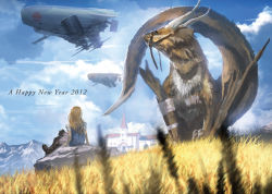 Rule 34 | 10s, 2012, aircraft, airship, arm support, blonde hair, boots, boulder, fantasy, horns, monster, new year, original, reins, sitting, sky, splint, tail, vanipo, wings