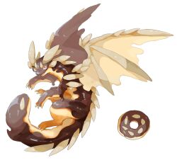 Rule 34 | animal, animal focus, brown eyes, doughnut, dragon, fangs, food, food focus, from side, full body, highres, horns, looking at viewer, looking to the side, multiple horns, no humans, omarumaru, original, parted lips, simple background, skin fangs, smile, solo, white background, wings