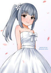 Rule 34 | 1girl, alternate costume, arm behind back, bare shoulders, brown eyes, dated, dress, flat chest, flower, grey hair, hair flower, hair ornament, highres, kamiya tadato, kantai collection, kasumi (kancolle), long hair, looking at viewer, petals, side ponytail, sidelocks, solo, twitter username, white background