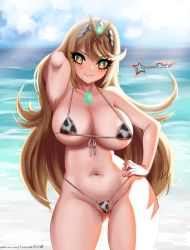 Rule 34 | 1girl, animal print, areola slip, arm behind head, awesomeerix, beach, bikini, blonde hair, blush, breasts, chinese zodiac, cleavage, closed mouth, cow print, female focus, hand on own hip, highres, large breasts, long hair, looking at viewer, matching hair/eyes, micro bikini, mythra (xenoblade), navel, nintendo, skindentation, solo, swept bangs, swimsuit, underboob, wide hips, xenoblade chronicles (series), xenoblade chronicles 2, year of the ox, yellow eyes