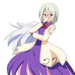 Rule 34 | 1girl, bow, bowtie, cato (monocatienus), dress, hand on own face, jacket, kishin sagume, looking at viewer, red eyes, serious, single wing, solo, touhou, white background, white hair, wings