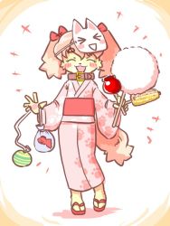 Rule 34 | 2017, dog, closed eyes, furry, happy, japanse clothes, kinshun76501, mask, mask on head, pink hair, short hair, smile, solo, twitter