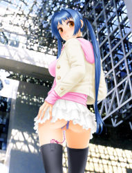Rule 34 | 1girl, :&lt;, ass, black thighhighs, blue hair, blush, breasts, censored, choker, crotchless, crotchless panties, discreet vibrator, from behind, hair ribbon, highres, hood, hoodie, long hair, looking at viewer, looking back, orange eyes, original, panties, photo background, public indecency, public vibrator, pussy, ribbon, sex toy, solo, thighhighs, twintails, underwear, very long hair, vibrator, vibrator in thighhighs, vibrator under clothes, vibrator under panties, yui toshiki
