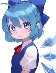 Rule 34 | 1girl, ahoge, blue bow, blue dress, blue eyes, blue hair, blush, bow, cirno, dress, highres, ice, ice wings, looking at viewer, shimizu tomoki, short hair, simple background, solo, touhou, white background, wings