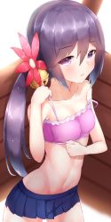 Rule 34 | 10s, 1girl, adjusting clothes, adjusting swimsuit, akebono (kancolle), bare arms, bare shoulders, bell, blue skirt, blush, boruhis, breasts, camisole, collarbone, cowboy shot, crop top, eyebrows, eyelashes, flower, from side, groin, hair bell, hair between eyes, hair flower, hair ornament, highres, hot, jingle bell, kantai collection, long hair, looking at viewer, midriff, miniskirt, navel, pleated skirt, purple eyes, purple hair, side ponytail, skirt, small breasts, solo, stomach, strap slip, sweat, swimsuit, very long hair, wet, wet clothes, wet skirt