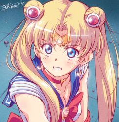 Rule 34 | 1girl, artist name, bishoujo senshi sailor moon, bishoujo senshi sailor moon r, bishoujo senshi sailor moon s, blonde hair, blue eyes, blue sailor collar, breasts, choker, circlet, cleavage, commentary, crescent, crescent earrings, dated, derivative work, diadem, earrings, english commentary, frown, grimace, hair ornament, hair over shoulder, heart, heart choker, jewelry, leotard, long hair, looking at viewer, lunamoon, medium breasts, meme, parted bangs, red choker, sailor collar, sailor moon, sailor moon redraw challenge (meme), sailor senshi uniform, screenshot redraw, signature, sleeveless, solo, sweatdrop, symbol-only commentary, tsukino usagi, twintails, upper body, white leotard