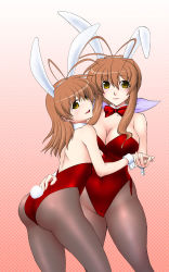 Rule 34 | 00s, 2girls, age difference, animal ears, antenna hair, ass, back, bare shoulders, blush, bow, bowtie, breasts, brown eyes, brown hair, cameltoe, canadazin, clannad, fake animal ears, furukawa nagisa, furukawa sanae, hand on own hip, happy, highres, hip focus, holding hands, large breasts, leotard, long hair, looking back, mature female, mother and daughter, multiple girls, pantyhose, playboy bunny, rabbit ears, rabbit tail, red leotard, short hair, smile, tail, thick thighs, thighs, wrist cuffs