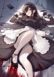 Rule 34 | 1girl, absurdres, apron, black dress, black footwear, black gloves, black hair, blood, dress, frilled dress, frills, gloves, gomzi vampire, highres, intravenous drip, juliet sleeves, knee up, long hair, long sleeves, looking at viewer, lying, maid, maid apron, maid headdress, mary janes, on floor, original, pantyhose, parted lips, pointy ears, puffy sleeves, red eyes, shoes, solo, vampire, very long hair, waist apron, white pantyhose, yuna (deadawon)