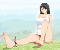 Rule 34 | 1boy, 1girl, bare shoulders, barefoot, black hair, breasts, brown eyes, cleavage, collarbone, dress, feet, giant, giantess, grass, large breasts, legs, long hair, looking down, mini person, miniboy, original, panah, shirt, shorts, sitting, size difference, soles, t-shirt, toes, white dress