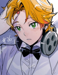 Rule 34 | 10s, 1boy, alternate hairstyle, bad id, bad pixiv id, blush, bow, bowtie, brief (psg), freckles, green eyes, headphones, maguchimo, male focus, orange hair, panty &amp; stocking with garterbelt, solo