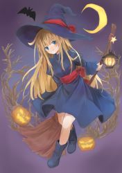 Rule 34 | 1girl, back bow, bat (animal), blonde hair, blue eyes, blue hat, blush, bow, broom, closed mouth, commentary request, crescent moon, halloween, hat, hat bow, highres, holding, jack-o&#039;-lantern, lantern, long hair, looking at viewer, madou monogatari, moon, night, night sky, purple sky, puyopuyo, red bow, sash, sky, solo, star (sky), starry moon, waichi, witch, witch (puyopuyo), witch hat