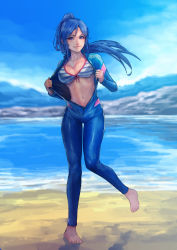 Rule 34 | 1girl, abs, absurdres, beach, blue hair, blue sky, bodysuit, breasts, cirenk, cleavage, collarbone, commission, diving suit, feet, full body, hair between eyes, high ponytail, highres, knees together feet apart, long hair, looking at viewer, love live!, love live! sunshine!!, matsuura kanan, medium breasts, navel, no shoes, open bodysuit, open clothes, open wetsuit, purple eyes, sand, shaded face, sky, solo, standing, standing on one leg, swimsuit, water, wetsuit