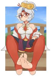 Rule 34 | 1girl, absurdres, bare shoulders, breasts, feet, foot focus, glasses, gloves, highres, large breasts, nintendo, purah, red eyes, sitting, sleeveless, softhanten, soles, solo, stirrup legwear, the legend of zelda, the legend of zelda: tears of the kingdom, toeless legwear, toes, white hair