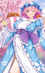 Rule 34 | 1girl, ;q, blue kimono, blurry, blurry background, blush, breasts, bucket of chicken, cherry blossoms, chicken leg, closed mouth, collarbone, commentary request, feet out of frame, floral print, floral print kimono, food, fried chicken, frilled kimono, frilled sleeves, frills, hat, hataraki kuma, highres, holding, holding food, japanese clothes, kimono, large breasts, looking at viewer, medium bangs, mob cap, obi, obijime, one eye closed, outdoors, pink eyes, pink hair, purple sash, saigyouji yuyuko, sash, short hair, smile, solo, thighs, tongue, tongue out, touhou, triangular headpiece, wide sleeves