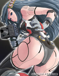 Rule 34 | 1girl, android, ass, bad id, bad pixiv id, black hair, black thighhighs, blue eyes, breasts, from behind, gloves, gun, hair ornament, leotard, long hair, looking back, medium breasts, original, science fiction, smile, solo, sukabu, thighhighs, very long hair, weapon