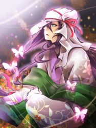 Rule 34 | androgynous, bad id, bad pixiv id, bug, butterfly, flower, gender request, green eyes, bug, light, long hair, purple hair, sakura (lilak a), solo