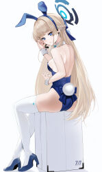 Rule 34 | 1girl, absurdres, animal ears, anizi, ass, back, backless leotard, bare shoulders, blonde hair, blue archive, blue bow, blue eyes, blue hairband, blue leotard, bow, bowtie, braid, breasts, briefcase, detached collar, fake animal ears, from behind, hairband, halo, high heels, highleg, highleg leotard, highres, leotard, long hair, medium breasts, official alternate costume, official alternate hairstyle, playboy bunny, rabbit ears, rabbit tail, sitting, solo, tail, thighhighs, thighs, toki (blue archive), toki (bunny) (blue archive), very long hair, white thighhighs, wrist cuffs