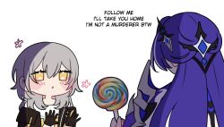 2girls acheron_(honkai:_star_rail) black_gloves blush_stickers candy chibi drawn_flower english_text food gloves grey_hair hands_up highres holding holding_candy holding_food holding_lollipop honkai:_star_rail honkai_(series) lollipop multiple_girls purple_hair swirl_lollipop trailblazer_(honkai:_star_rail) white_background yellow_eyes