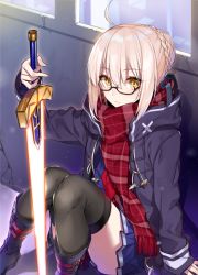 Rule 34 | 1girl, ahoge, arm support, artoria pendragon (all), artoria pendragon (fate), black thighhighs, blonde hair, braid, casual, checkered clothes, checkered scarf, constricted pupils, expressionless, fate/grand order, fate (series), glasses, glowing, glowing sword, glowing weapon, holding, holding weapon, hood, hooded track jacket, indoors, jacket, looking at viewer, mysterious heroine x alter (fate), mysterious heroine x alter (first ascension) (fate), red scarf, saber (fate), scarf, semi-rimless eyewear, shirako miso, skirt, solo, sword, thighhighs, thighs, track jacket, weapon, window, yellow eyes