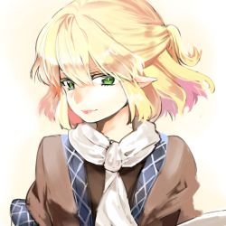 Rule 34 | 1girl, absurdres, blonde hair, gradient background, green eyes, highres, lips, looking at viewer, mizuhashi parsee, pointy ears, ponytail, portrait, scarf, shirt, short hair, short sleeves, smile, solo, totobuki, touhou