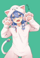 Rule 34 | 1girl, animal ears, aobara hairi, blue eyes, blue hair, blush, breasts, cowboy shot, fake animal ears, fangs, green background, hair between eyes, head tilt, highres, hololive, hood, hood up, hoshimachi suisei, looking at viewer, medium hair, open mouth, paw pose, simple background, skin fangs, small breasts, solo, virtual youtuber