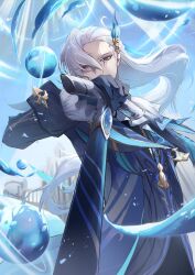 Rule 34 | 1boy, artist name, black gloves, blue jacket, blue sky, buttoned cuffs, buttons, cane, cowboy shot, feather hair ornament, feathers, genshin impact, gloves, hair ornament, highres, holding, holding cane, jacket, kinatsu k, long hair, looking at viewer, male focus, neuvillette (genshin impact), outdoors, pointy ears, purple eyes, sky, solo, white hair