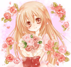 Rule 34 | 1girl, blush, bouquet, bow, brown eyes, brown hair, dress, flower, leaf, light particles, long hair, looking at viewer, neko (nekohinata), original, pink background, pink flower, pink rose, purple background, red flower, red rose, rose, smile, solo