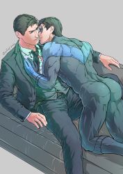 Rule 34 | 2boys, artist name, ass, bara, batman (series), belt, black bodysuit, black hair, black jacket, black pants, black vest, blue bodysuit, bodysuit, bodysuit pull, bruce wayne, couch, dc comics, dick grayson, domino mask, evinist, father and son, formal, highres, imminent kiss, incest, jacket, looking at another, lying, male focus, mask, multiple boys, muscular, muscular male, necktie, nightwing, on back, on couch, open clothes, open jacket, pants, parted lips, shirt, short hair, taut bodysuit, taut clothes, thick thighs, thighs, two-tone bodysuit, vest, white shirt, yaoi