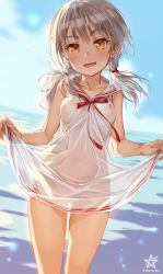 Rule 34 | 1girl, absurdres, bare shoulders, blue sky, blush, brown eyes, clothes lift, cloud, cloudy sky, covered navel, day, dress, dress lift, highres, horizon, lifted by self, long hair, looking at viewer, michairu, no panties, ocean, open mouth, original, outdoors, sailor dress, see-through, see-through dress, see-through silhouette, sky, sleeveless, sleeveless dress, smile, solo, standing, twintails, water, wet, wet clothes, white dress, white hair