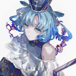 Rule 34 | black hat, blue eyes, blue hair, character name, gradient hair, hat, highres, light blue hair, looking at viewer, mercury (planet), multicolored hair, original, personification, see-through, simple background, sleeveless, to/garashi, upper body, white background