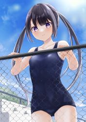Rule 34 | 1girl, absurdres, black hair, blue one-piece swimsuit, blue sky, breasts, buntason (buritarooooo), chain-link fence, cloud, collarbone, commentary request, cowboy shot, day, fence, highres, long hair, looking at viewer, old school swimsuit, one-piece swimsuit, original, outdoors, purple eyes, school swimsuit, school uniform, sky, small breasts, solo, swimsuit, twintails