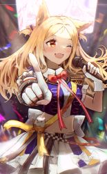 Rule 34 | 1girl, ;d, absurdres, animal ears, archetto (arknights), archetto (publicity strategy) (arknights), arknights, bad id, bad pixiv id, blonde hair, blush, bow, bowtie, bracelet, breasts, commentary request, concert, confetti, cowboy shot, crop top, fangs, fingerless gloves, foreshortening, gloves, glowstick, hachiko (0088), highres, holding, holding microphone, index finger raised, infection monitor (arknights), jewelry, long hair, looking to the side, medium breasts, microphone, midriff, official alternate costume, one eye closed, open mouth, outstretched arm, red bow, red bowtie, red eyes, short sleeves, skin fangs, skirt, smile, solo, stage, stuffed animal, stuffed bird, stuffed toy, sweat, two side up, white bow, white gloves, white skirt