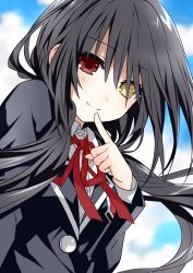 Rule 34 | 1girl, 7a61, bad id, bad pixiv id, black hair, black jacket, clock eyes, cloud, cloudy sky, date a live, day, finger to mouth, floating hair, heterochromia, highres, index finger raised, jacket, long hair, neck ribbon, outdoors, red eyes, red ribbon, ribbon, school uniform, shirt, sky, smile, solo, symbol-shaped pupils, tokisaki kurumi, twintails, upper body, very long hair, white shirt, yellow eyes