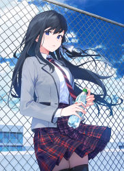 Rule 34 | 1girl, black hair, black thighhighs, blazer, bottle, bow, breasts, building, cloud, collared shirt, commentary request, grey jacket, hair bow, highres, holding, holding bottle, jacket, long hair, long sleeves, looking at viewer, nagu, necktie, open clothes, open jacket, original, outdoors, plaid, plaid skirt, red skirt, rooftop, school, school uniform, shirt, shirt tucked in, skindentation, skirt, sky, solo, thighhighs, white bow, white shirt
