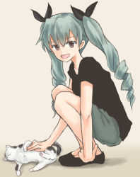 Rule 34 | 10s, 1girl, anchovy (girls und panzer), arm support, beige background, black footwear, black ribbon, black shirt, casual, cat, commentary, drill hair, flats, from side, full body, girls und panzer, green hair, grey shorts, hair ribbon, long hair, looking at viewer, mutsu (layergreen), open mouth, petting, red eyes, ribbon, shadow, shirt, short sleeves, shorts, simple background, smile, solo, squatting, twin drills, twintails