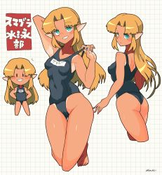 Rule 34 | 1girl, absurdres, ass, blonde hair, blue eyes, breasts, elf, grin, hand on own hip, highres, legs, long hair, looking back, navel, nintendo, one-piece swimsuit, pointy ears, princess zelda, shiny skin, sidelocks, smile, super smash bros., swimsuit, the legend of zelda, the legend of zelda: a link between worlds, thigh gap, translation request