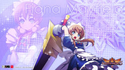 Rule 34 | 1girl, :o, akaga hirotaka, apron, aq interactive, arcana heart, arcana heart 3, armor, armored dress, arms behind head, atlus, blue eyes, blush, brooch, brown hair, character name, choker, copyright name, dress, examu, fighting stance, fiona mayfield, flat chest, frilled thighhighs, frills, gauntlets, hair bobbles, hair ornament, highres, huge weapon, jewelry, logo, long hair, maid, maid apron, maid headdress, official art, official wallpaper, open mouth, solo, sparkle, standing, sword, thighhighs, twintails, wallpaper, weapon, white thighhighs
