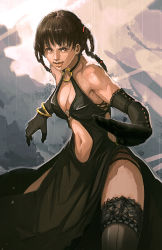Rule 34 | 1girl, bare shoulders, breasts, brown hair, cleavage, dead or alive, elbow gloves, fighting stance, gloves, lei fang, longai, md5 mismatch, medium breasts, navel, pelvic curtain, tecmo