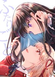 Rule 34 | 2girls, aqua ribbon, black hair, blonde hair, blue dress, blue ribbon, blush, closed mouth, collared shirt, commentary request, copyright name, dress, eye contact, hair ribbon, tucking hair, inoue takina, long hair, long sleeves, looking at another, lycoris recoil, lycoris uniform, multiple girls, neck ribbon, nishikigi chisato, one side up, open mouth, playing with another&#039;s hair, purple eyes, red dress, red eyes, red ribbon, ribbon, sango (sango3 3), shirt, short hair, simple background, smile, translation request, upper body, white background, white shirt, yuri