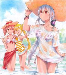 Rule 34 | 3girls, ;d, adjusting clothes, adjusting headwear, akita neru, beach, bikini, bikini under clothes, blonde hair, blue sky, bow, bracelet, breasts, cloud, drill hair, fang, frilled one-piece swimsuit, frilled swimsuit, frills, grey hair, hair between eyes, hair bow, hair ornament, hair scrunchie, hand on another&#039;s back, hand on another&#039;s shoulder, hat, jewelry, kasane teto, leaning on person, long hair, mayo riyo, medium breasts, midriff, multiple girls, nail polish, navel, ocean, one-piece swimsuit, one eye closed, open mouth, ponytail, purple bikini, purple nails, red bikini, red eyes, red hair, red sarong, sarong, scrunchie, see-through, side-tie bikini bottom, side ponytail, sky, small breasts, smile, soaking feet, straw hat, string bikini, striped bikini, striped clothes, sun hat, swimsuit, swimsuit under clothes, traditional media, twin drills, twintails, two-tone bikini, two-tone swimsuit, utau, v, very long hair, vocaloid, w, wading, wet, wet clothes, yellow eyes, yellow one-piece swimsuit, yowane haku