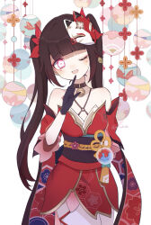 Rule 34 | 1girl, bell, brown hair, choker, flower-shaped pupils, fox mask, gloves, head tilt, highres, honkai: star rail, honkai (series), index finger raised, japanese clothes, kimono, long hair, looking at viewer, mask, mask on head, minahoshi37, mole, mole under eye, neck bell, obi, one eye closed, open mouth, pink eyes, sash, short kimono, smile, solo, sparkle (honkai: star rail), symbol-shaped pupils, twintails, very long hair, wide sleeves
