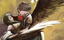 Rule 34 | 2girls, black wings, blue skirt, breasts, brown hair, brown skirt, closed mouth, collared shirt, detached sleeves, erty113, eye contact, feathered wings, flying, frog hair ornament, green hair, hair ornament, hand fan, hat, holding, holding fan, kochiya sanae, leaf fan, looking at another, medium breasts, multiple girls, open mouth, outdoors, pom pom (clothes), puffy short sleeves, puffy sleeves, red headwear, shameimaru aya, shirt, short sleeves, skirt, sleeveless, small breasts, snake hair ornament, tokin hat, touhou, wings