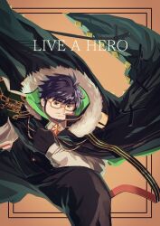 Rule 34 | 1boy, bara, beard, blue hair, book, coat, coat on shoulders, facial hair, feet out of frame, floating clothes, glasses, gloves, green eyes, haishiba ame, highres, holding, legs apart, live a hero, looking at viewer, male focus, mature male, mustache stubble, official alternate costume, santetsu (live a hero), ser9ious, serious, short hair, solo, stubble, thick eyebrows