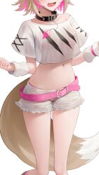 Rule 34 | 1girl, absurdres, belt, belt buckle, black collar, blonde hair, blush, buckle, collar, commentary, cropped head, cropped shirt, dog girl, dog tail, frilled shorts, frills, highres, hololive, hololive english, mococo abyssgard, mococo abyssgard (1st costume), multicolored hair, navel, open mouth, pink belt, pink hair, print shirt, see-through silhouette, shirt, short hair, short sleeves, shorts, simple background, smile, solo, somebody (leiking00), streaked hair, tail, thighs, virtual youtuber, white arm warmers, white background, white shirt